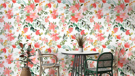 Summer Oleander Floral Coral Wallpaper with vibrant coral flowers and greenery.

