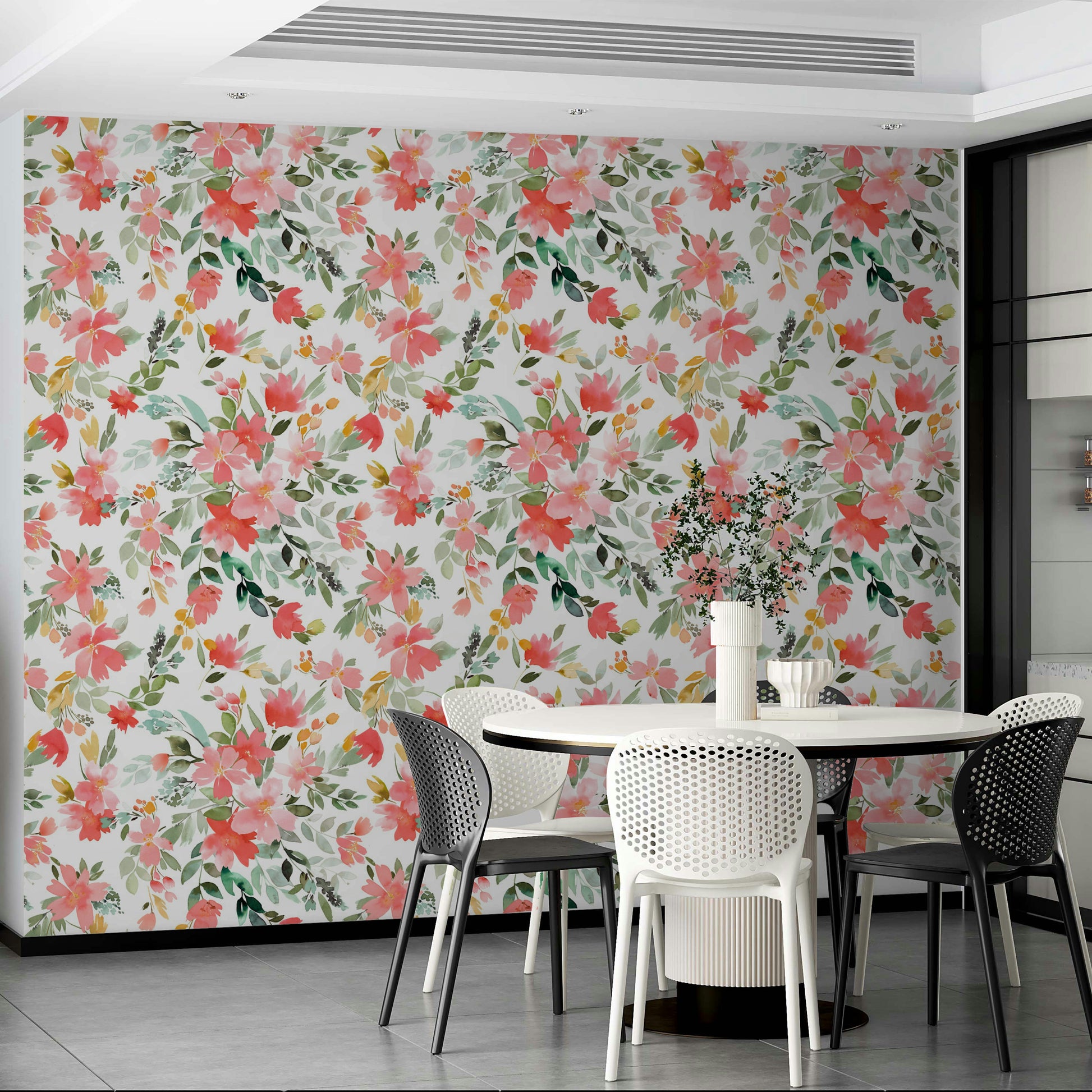 Bright floral mural featuring coral oleander blooms and lush leaves.

