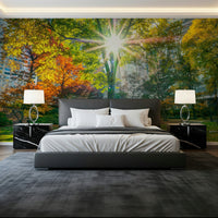 Sun Rays Through Trees wallpaper mural of green and orange trees behind a dark grey bed with black marble nightstands