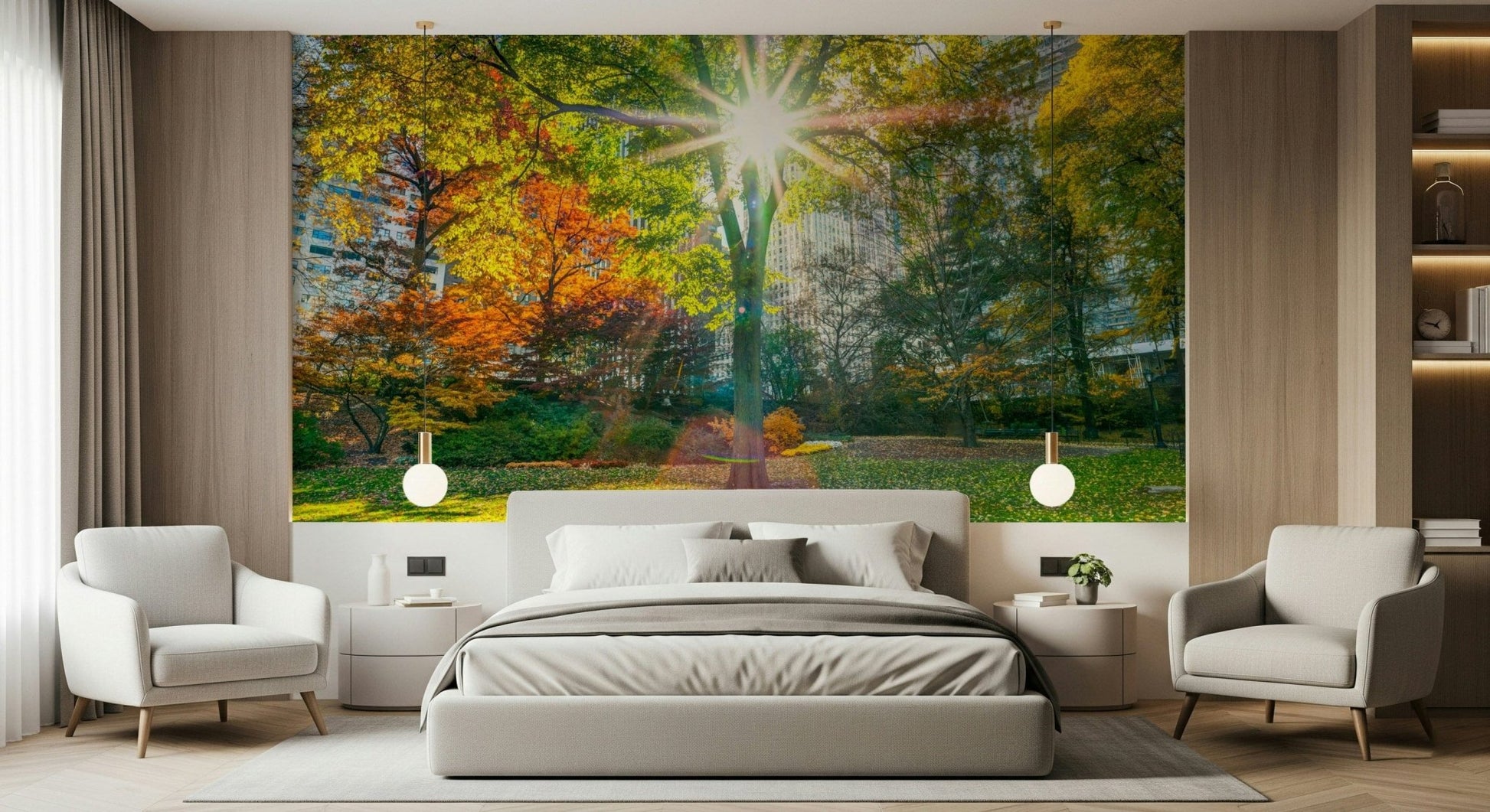 Sun Rays Through Trees wallpaper mural as a wide park view behind a grey bed flanked by two white armchairs