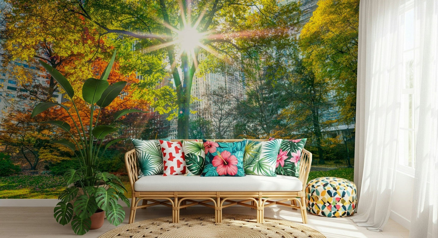 Sun Rays Through Trees wallpaper mural of a glowing sunburst over park trees behind a cane sofa with tropical pillows