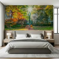 Sun Rays Through Trees wallpaper mural shown as a panoramic park scene above a grey bed with white pillows