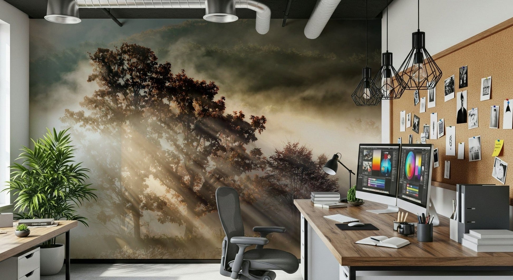 Wall mural, divine light, copper leaves, thick fog, peaceful woods.