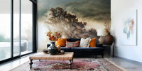 Gorgeous wall mural, outdoor setting, golden rays through trunks.