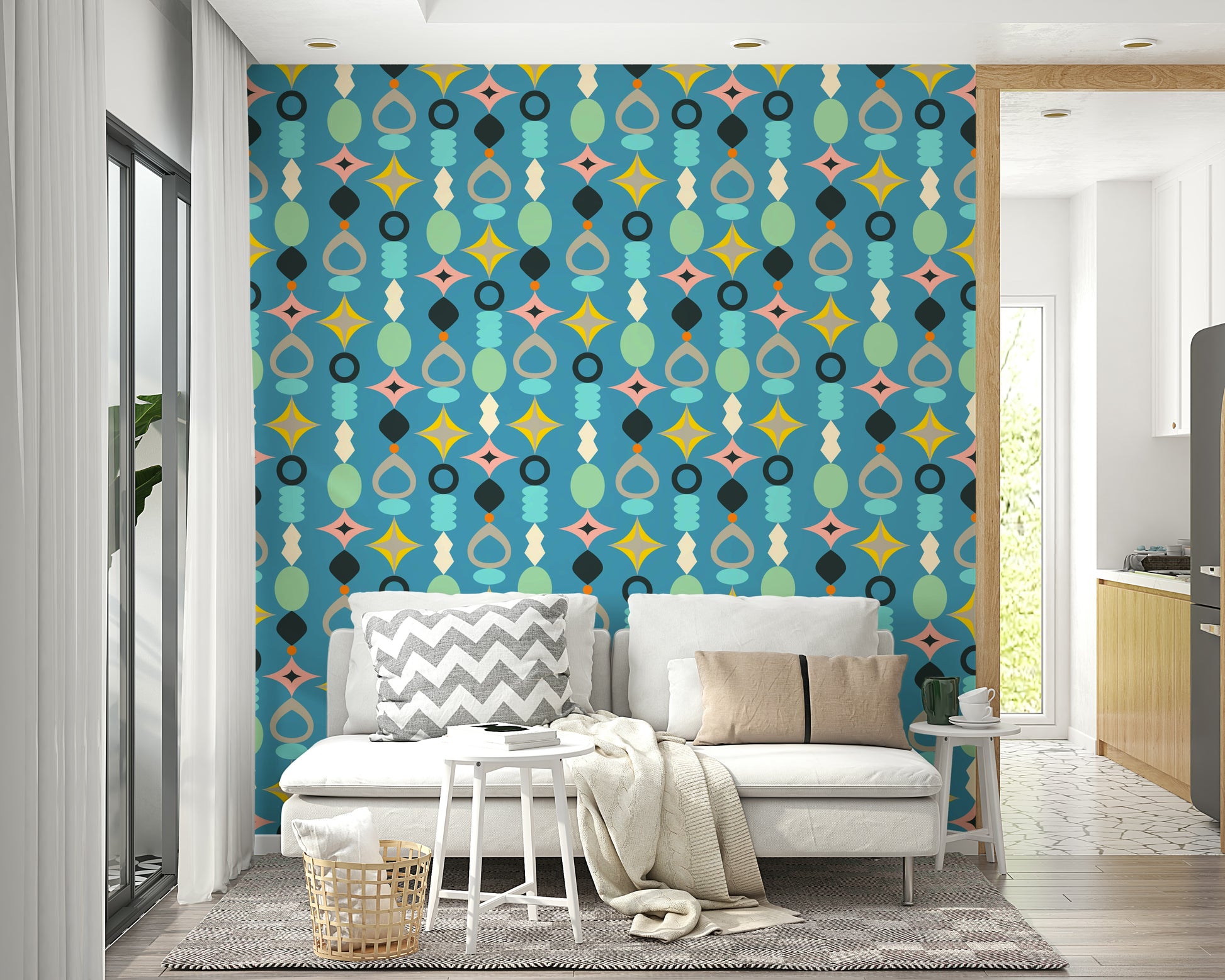 Retro-inspired abstract design with circles, squares, and lines in bold hues.

