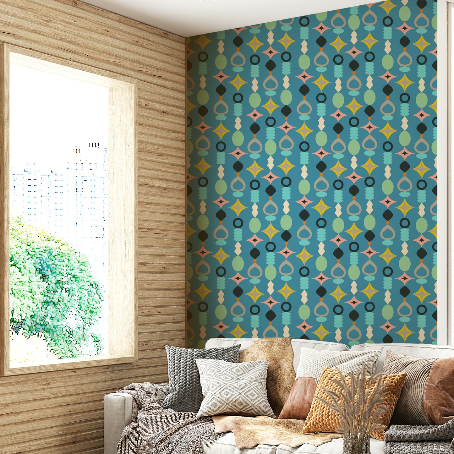 Wallpaper featuring vibrant abstract shapes in retro colors on a blue background.

