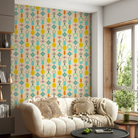 Wallpaper featuring retro circles, squares, and triangles on a soft cream background.

