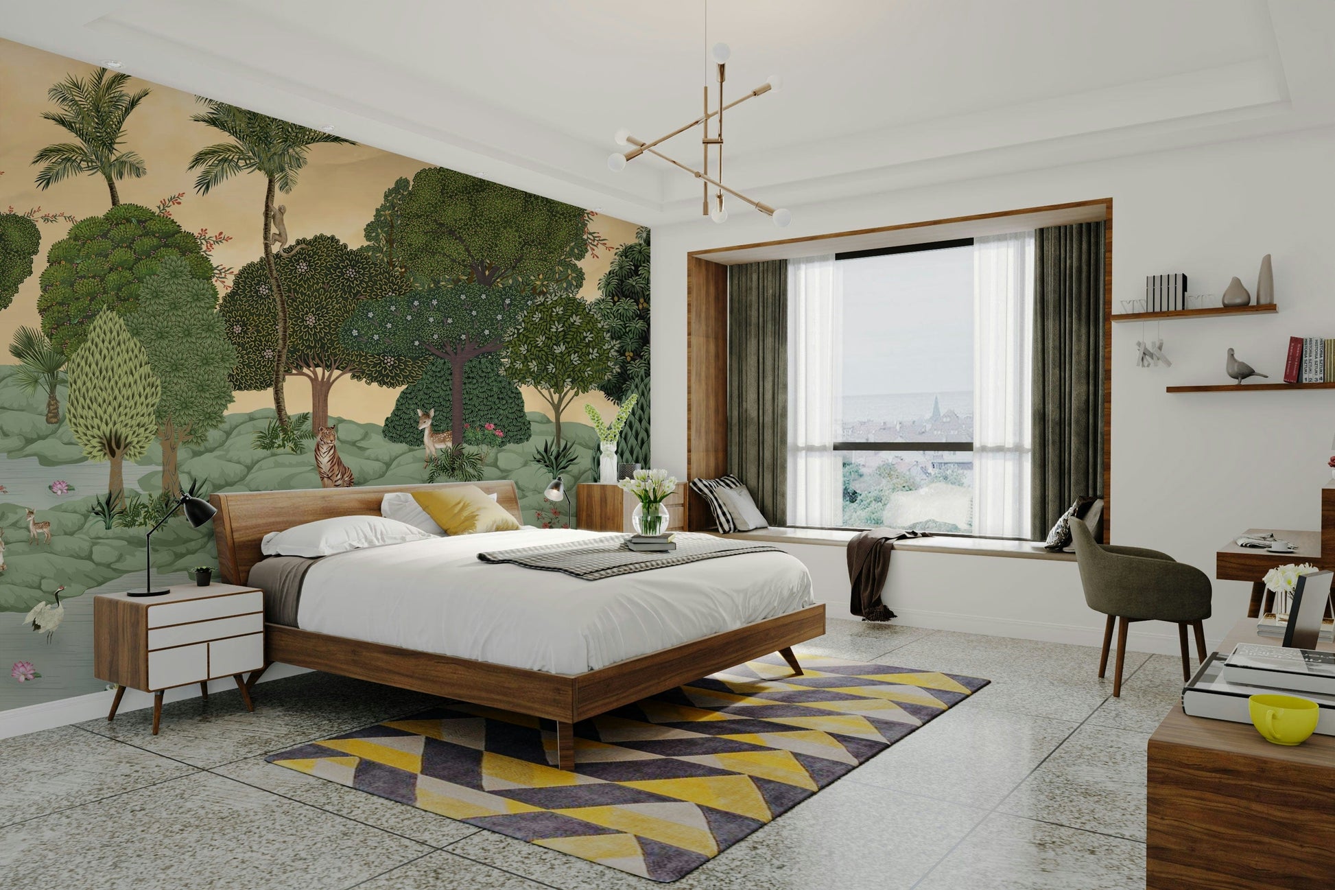 Scenic wallpaper with cartoon shapes and colors

