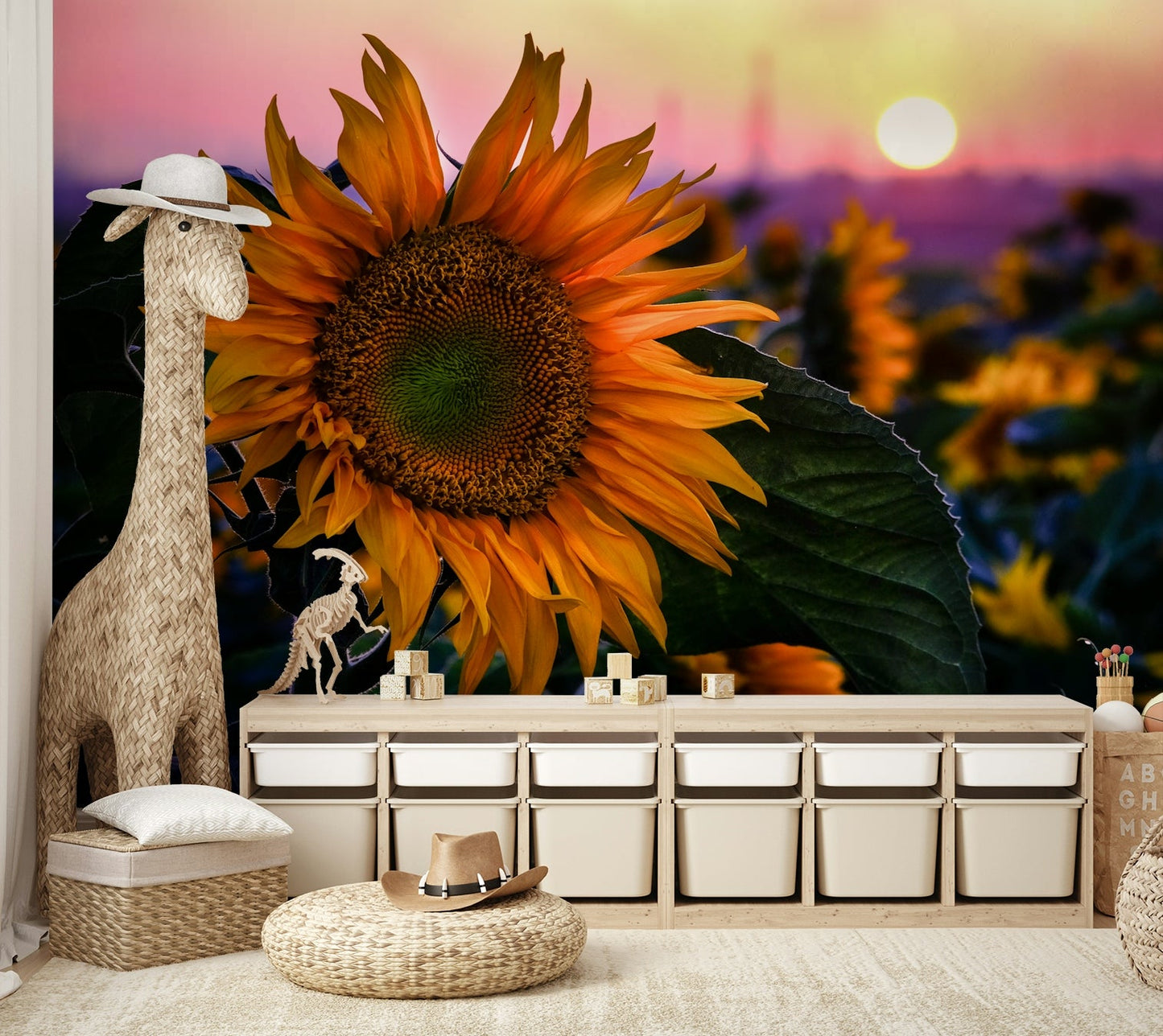 Features large, blooming sunflowers.
