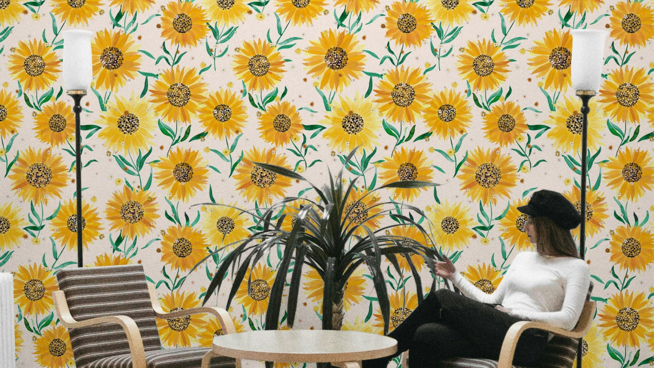 Sunflowers Cottagecore Yellow White Wallpaper with hand-drawn blooms.

