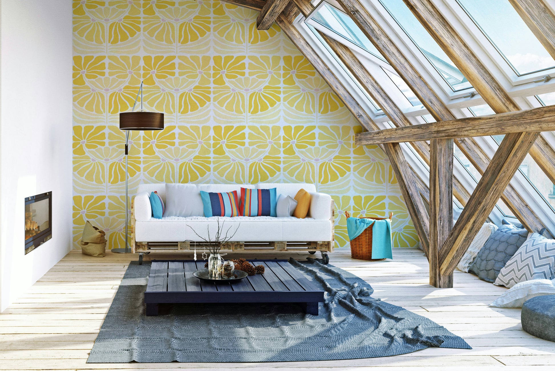 Soft botanical wallpaper with white daisy flowers

