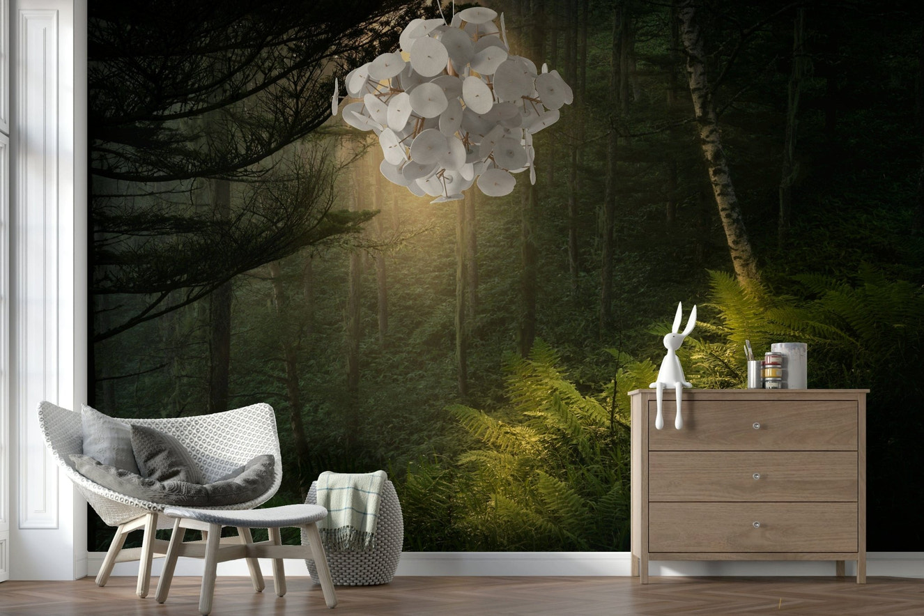 Sunlit forest wall mural brightens modern living room