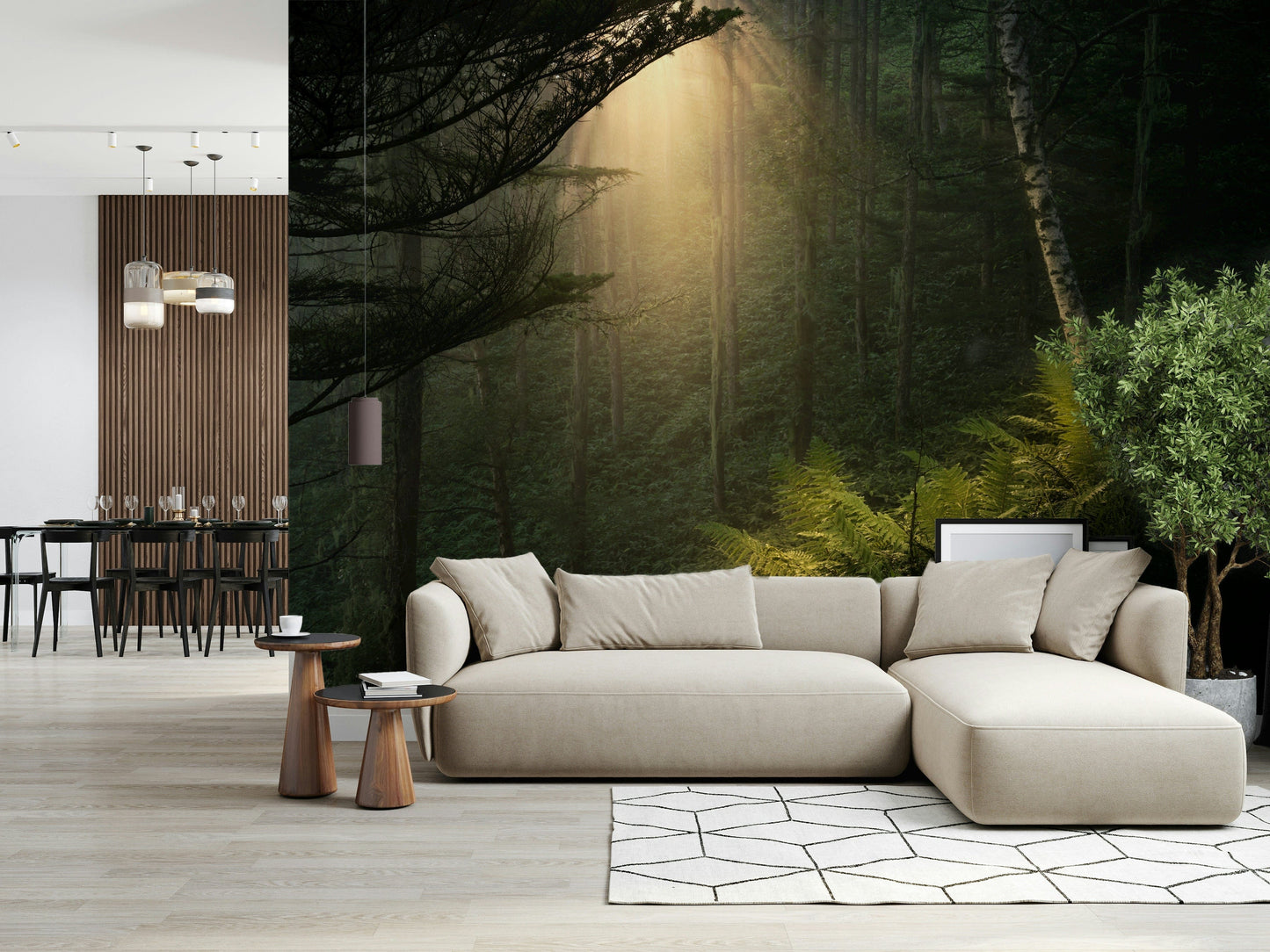 Mysterious woodland scene Sunlit Forest wall mural view.