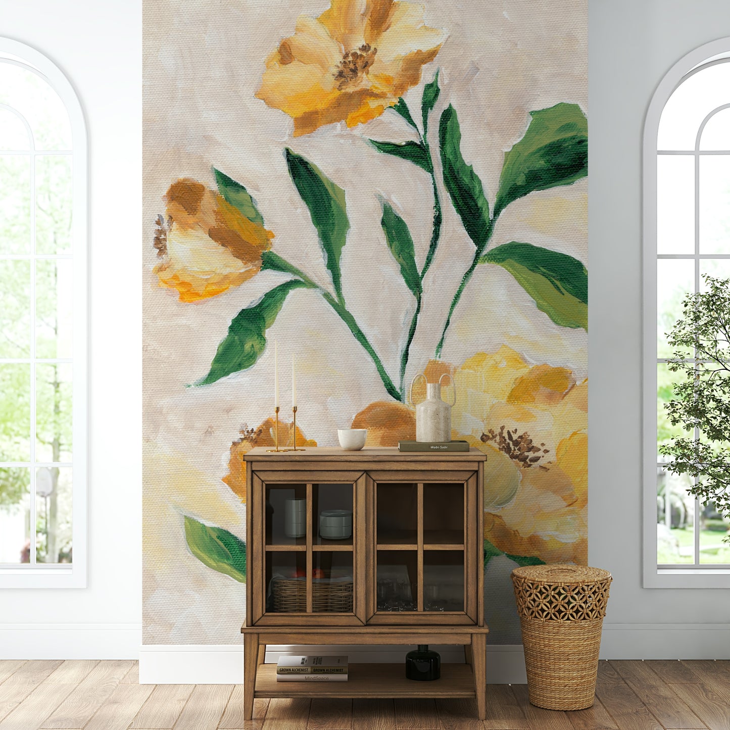 Radiant floral wall art with golden-hued petals

