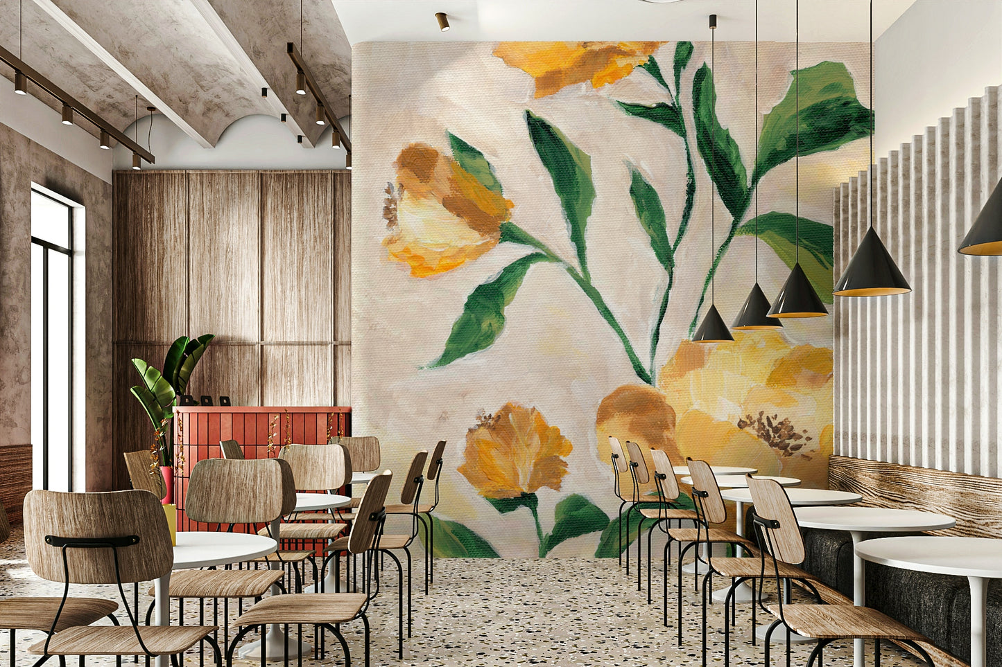 Large-scale flower petals wall mural in sun tones

