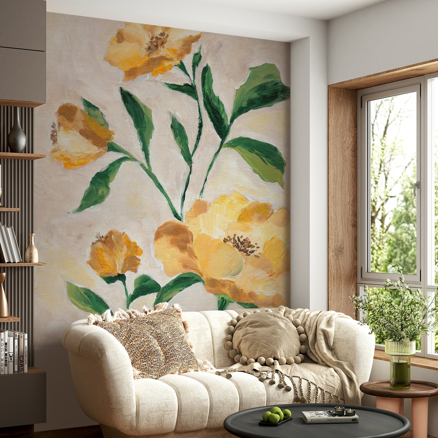 Warm floral mural with petals lit by golden light

