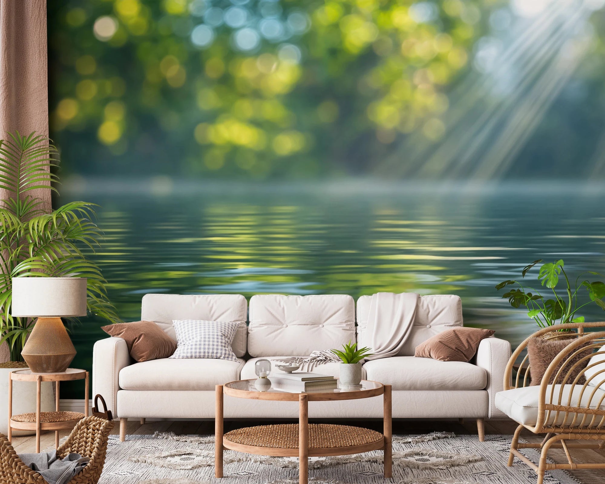 Sunlit Waters wall mural of a green lake with sunbeams behind a white sofa and rattan chair in a living room