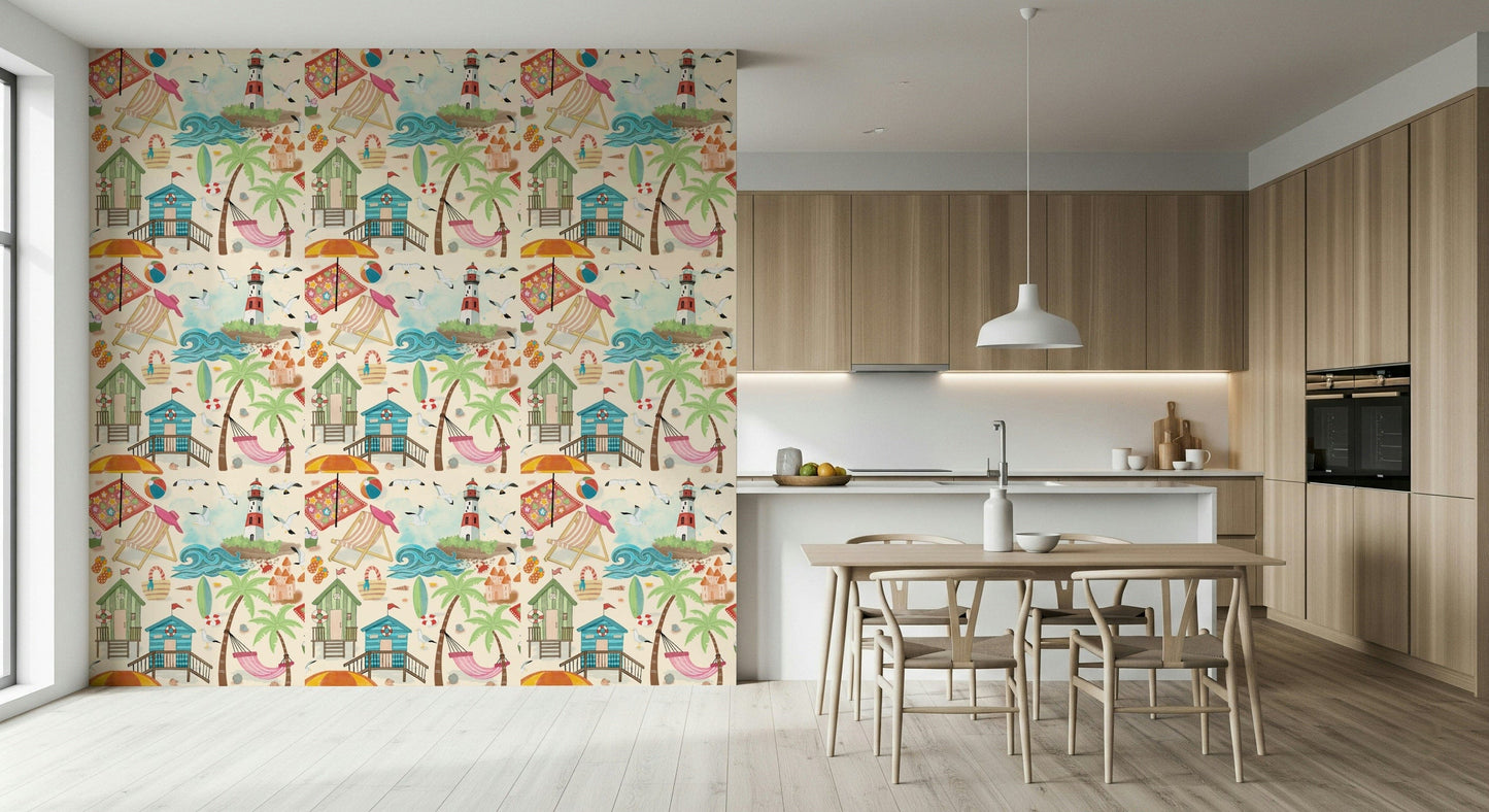 Wall mural featuring waves, sand dunes, and coastal skies for a seaside retreat feel.