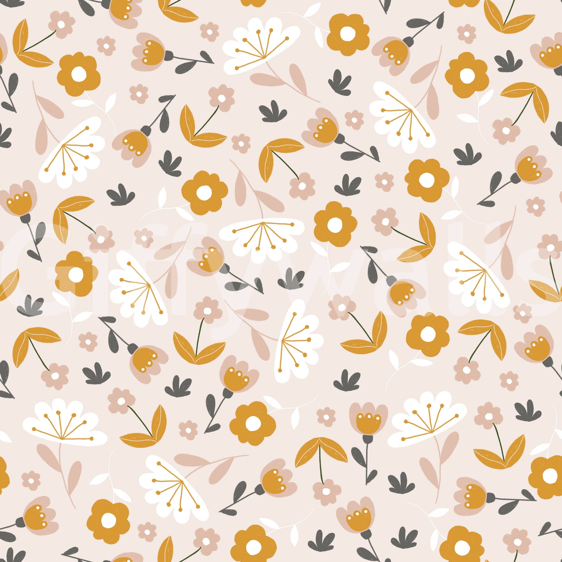 A minimalist wallpaper featuring petite golden flowers and soft foliage in a scattered layout.