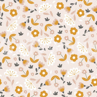 A minimalist wallpaper featuring petite golden flowers and soft foliage in a scattered layout.