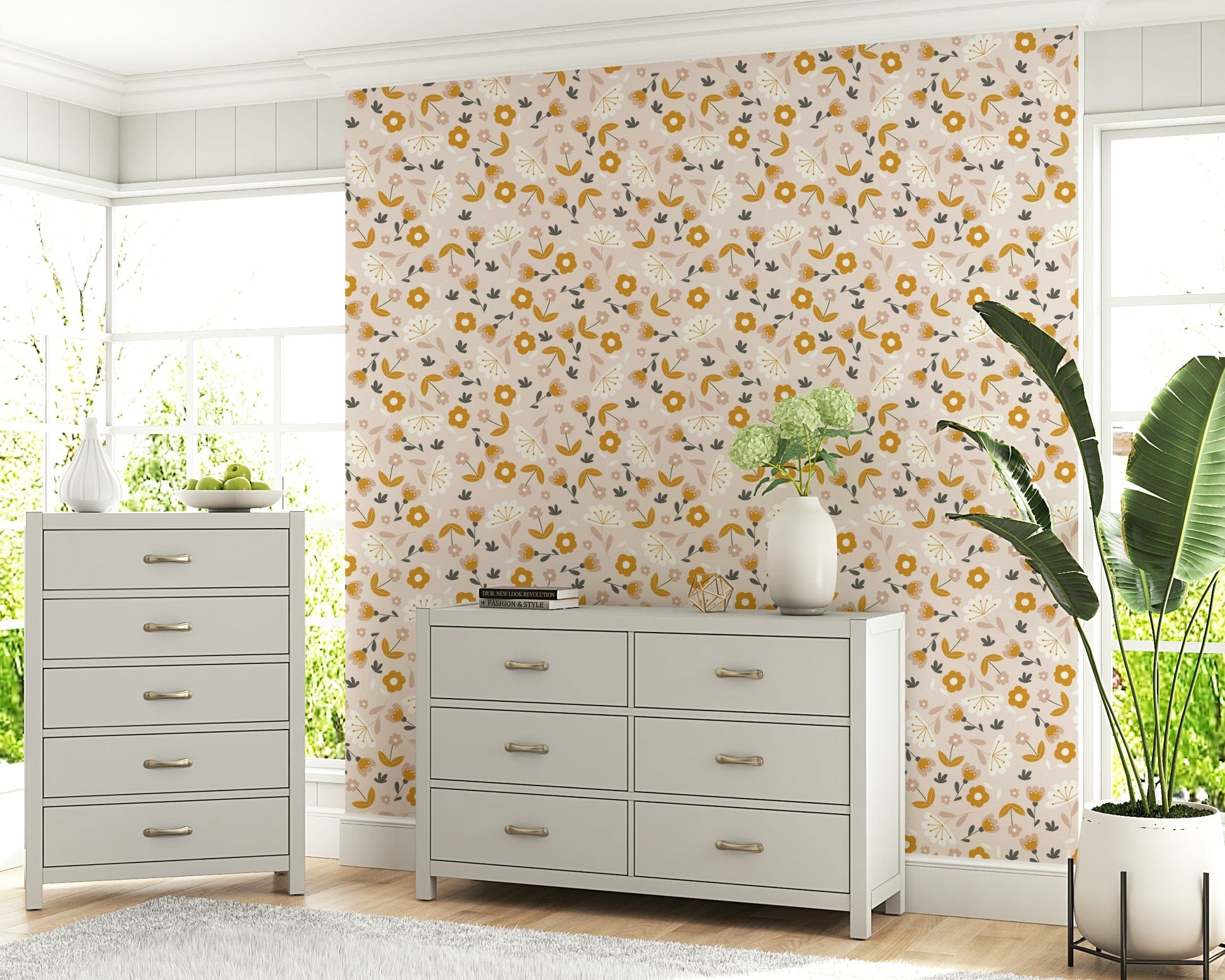 A playful wallpaper decorated with small blooming flowers in warm yellow and earthy tones.