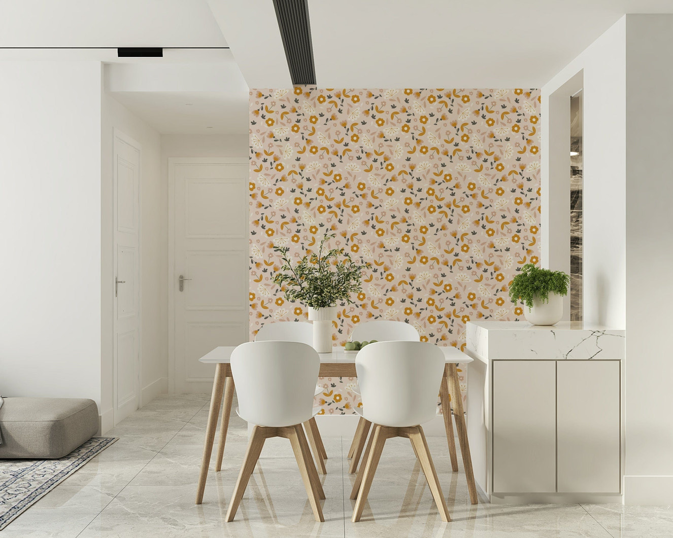 A cheerful floral wallpaper featuring small mustard yellow blooms on a soft beige background.