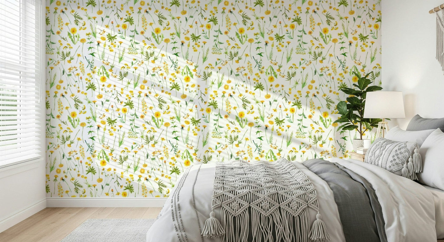 Yellow botanical print wall art decor Sunny Meadow.