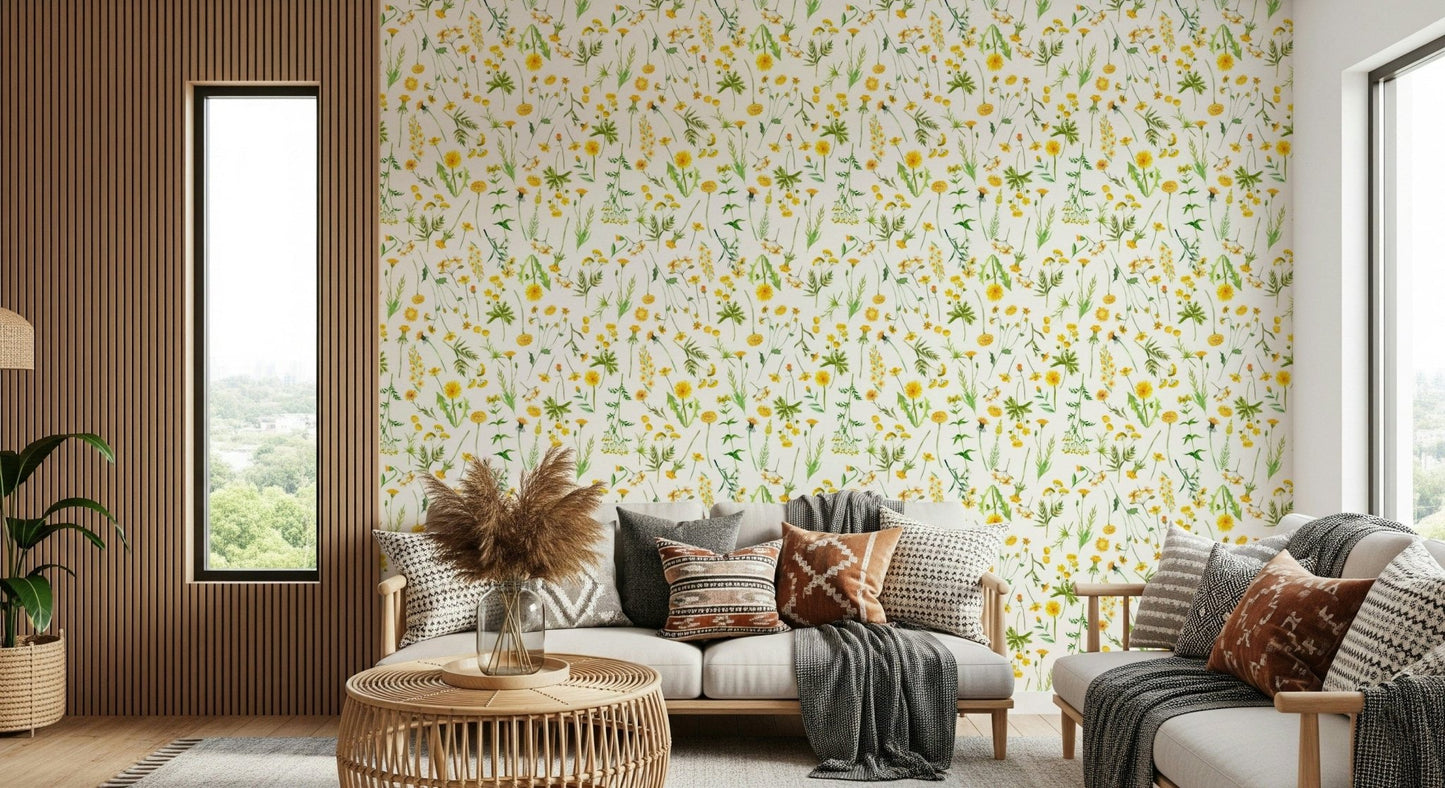 Cheerful Sunny Meadow yellow flowers greenery wallpaper.