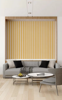 Symmetrical ochre and cream Sunny Stripes living room Wallpaper.