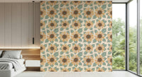 Artistic floral wallpaper mural featuring hand-drawn sunflowers in a repeating layout.