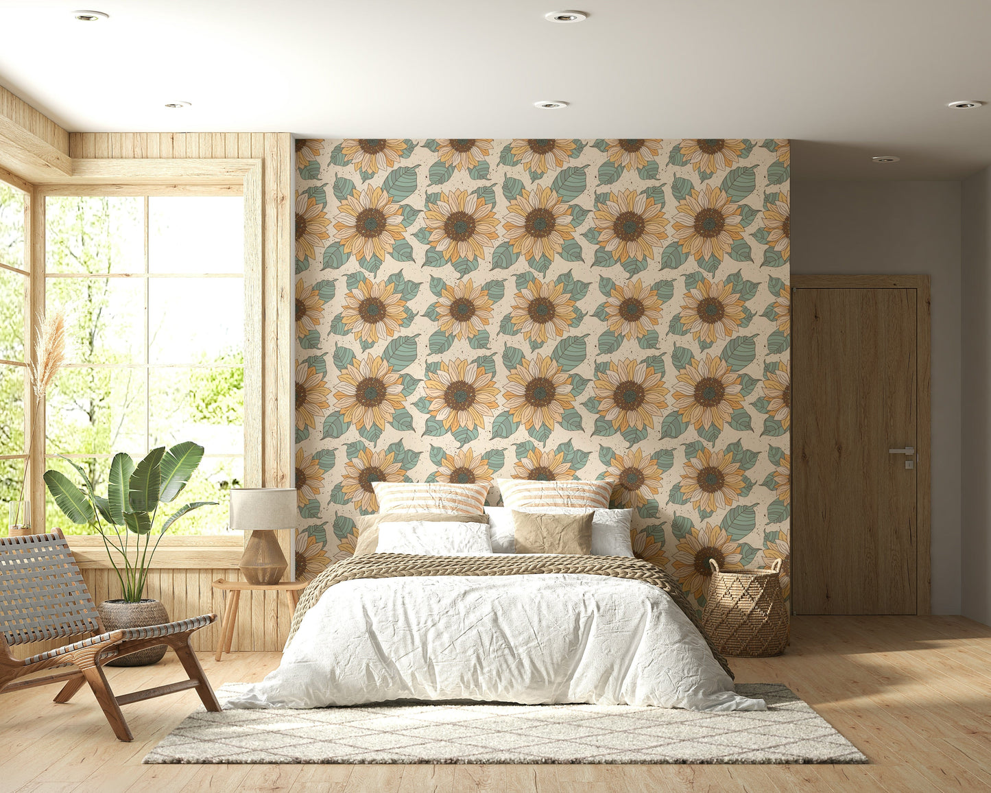 Sunflower Bloom wallpaper featuring large illustrated sunflowers with teal leaves on a light background.