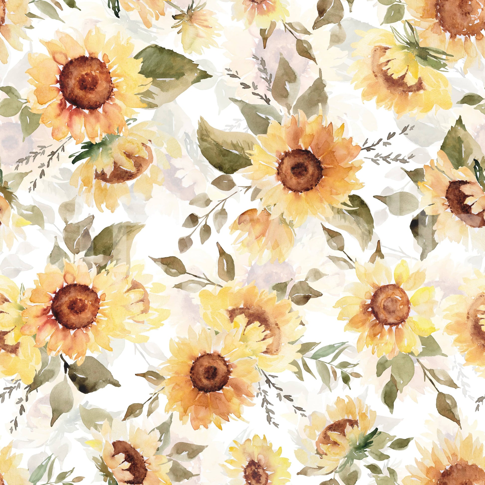 Warm sunflower print wall covering, earthy foliage detail.