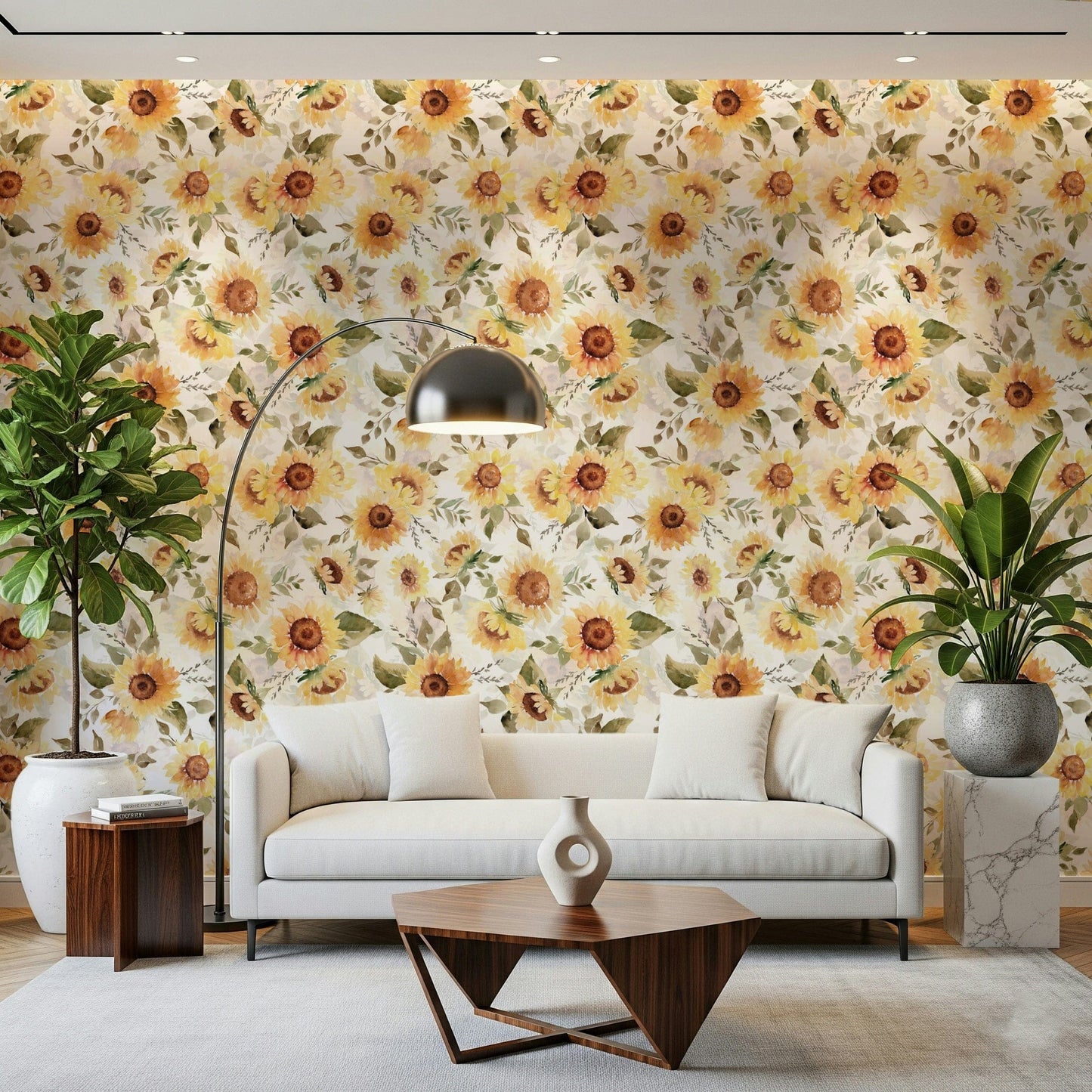 Cheerful floral wallpaper for walls, happy interior design.