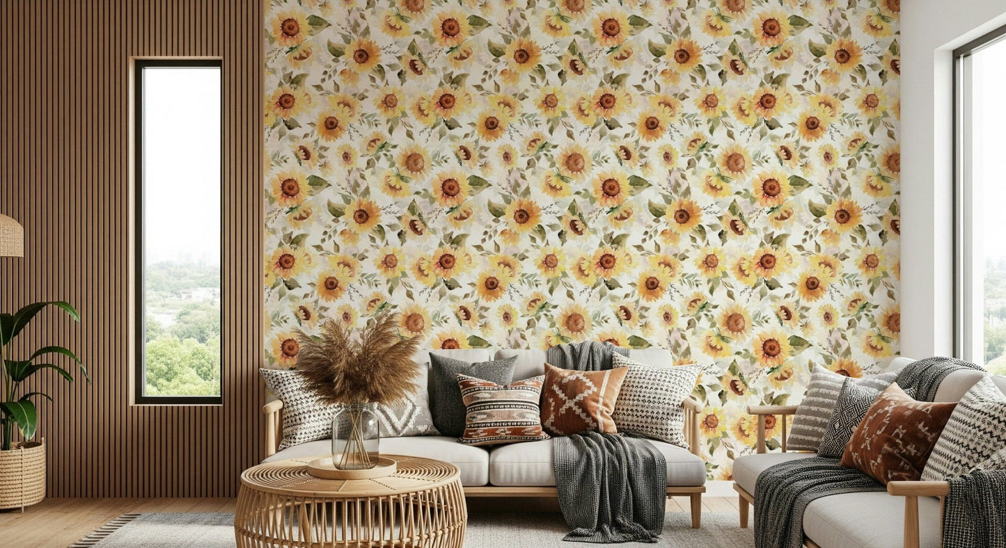 Abstract sunflower wall covering, artistic flower design print.