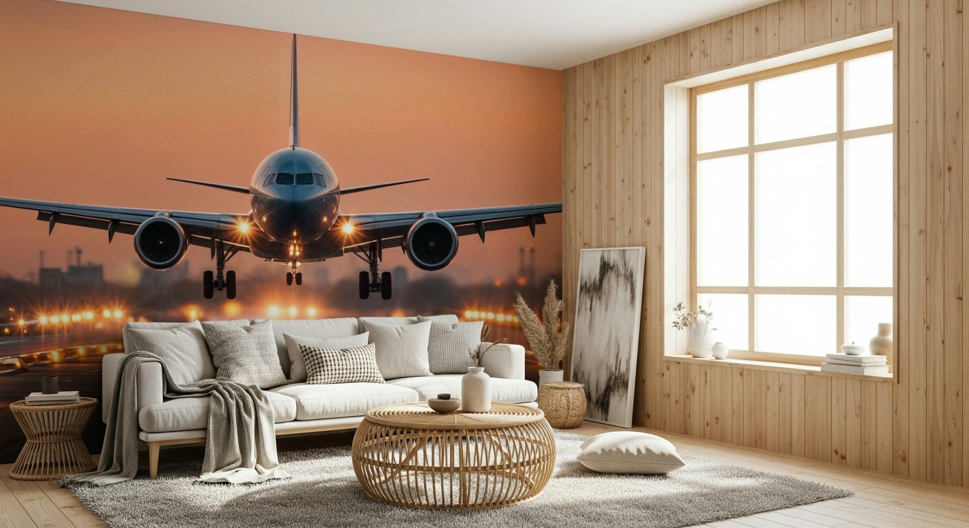 Sunrise Arrival Wall Mural on apartment dining wall, modern chairs, warm color palette, airy feel