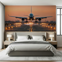Sunrise mural wallpaper in lounge, beige sectional, modern rug, warm sky gradient backdrop