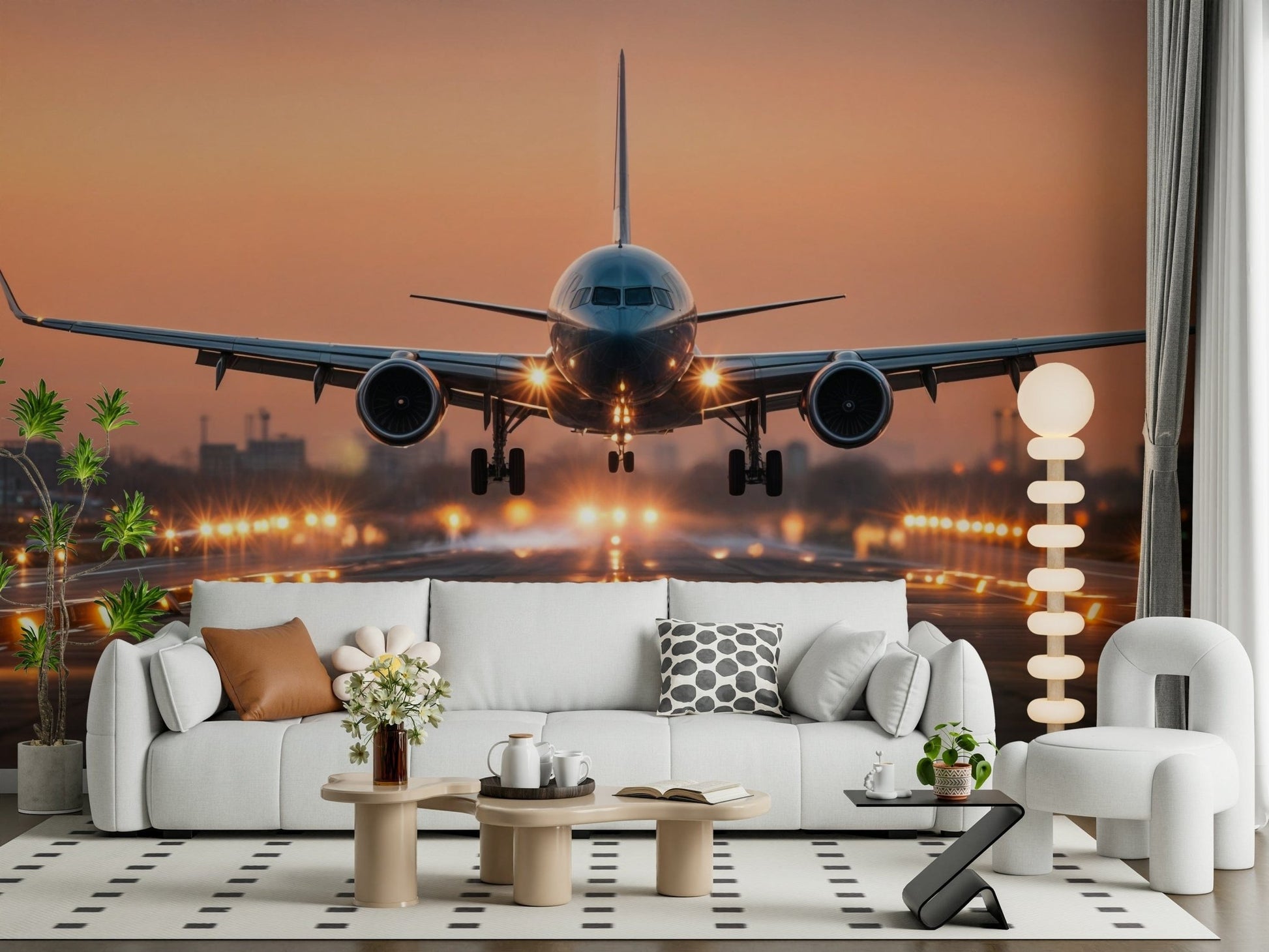 Modern nursery reading corner with sunrise wall mural, pastel accents, soft light, cozy mood