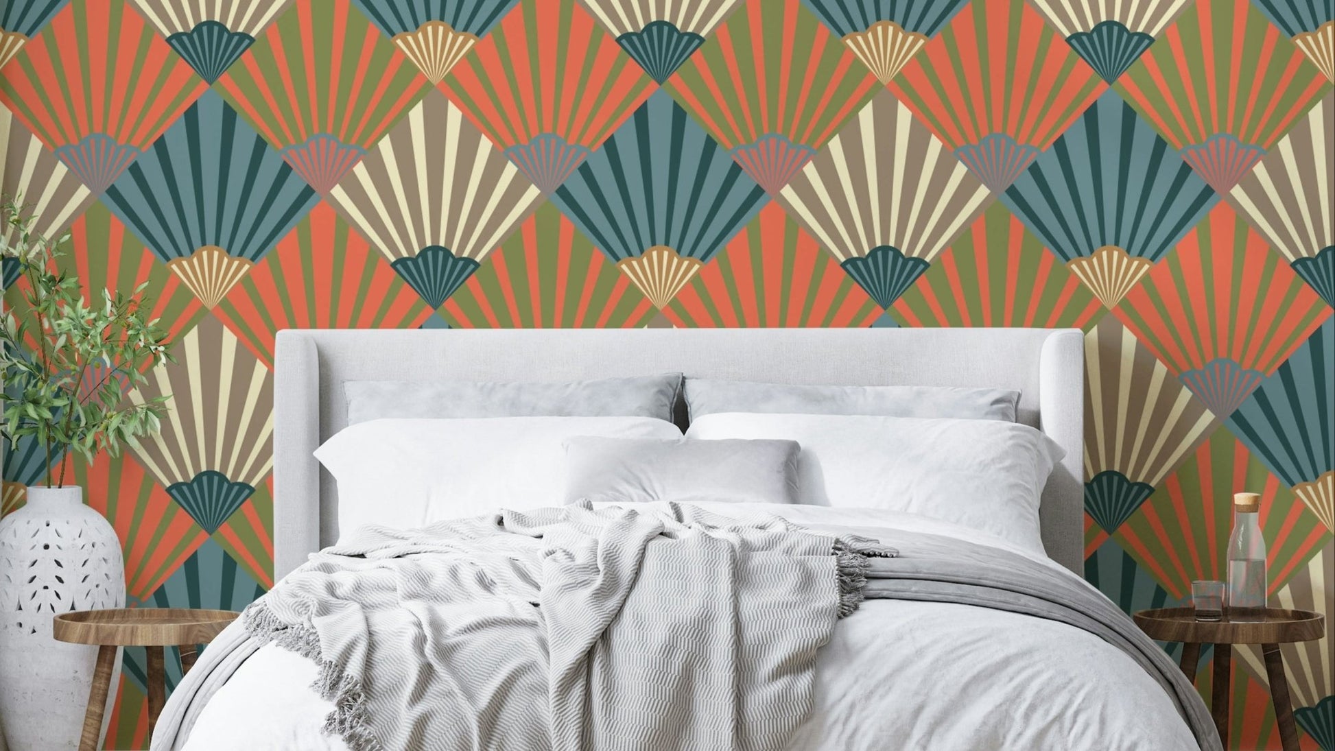 The colors are soft, muted tones of navy blue, orange, green, beige, and cream.

