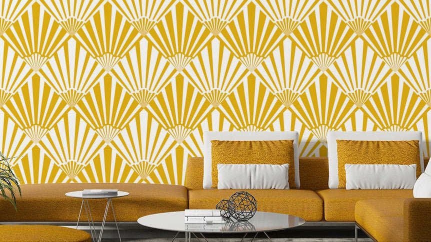 A wall mural of an abstract, geometric pattern.


