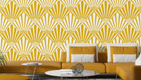 A wall mural of an abstract, geometric pattern.

