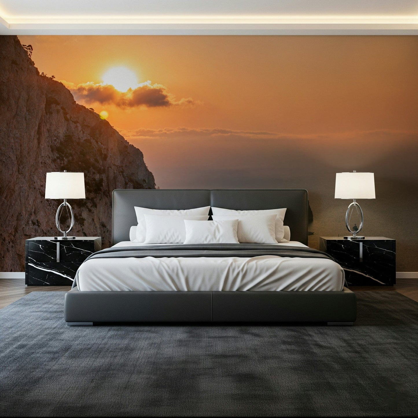 Seaside morning wall mural with boats below