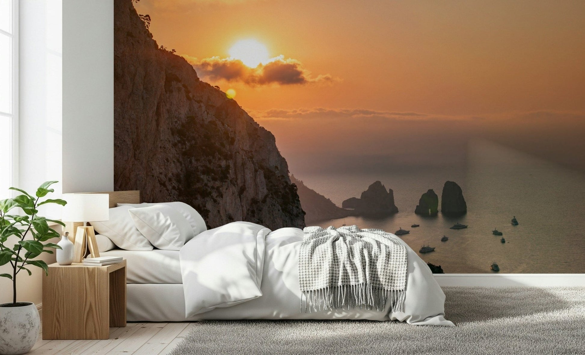 Ocean horizon wall mural with glowing sun