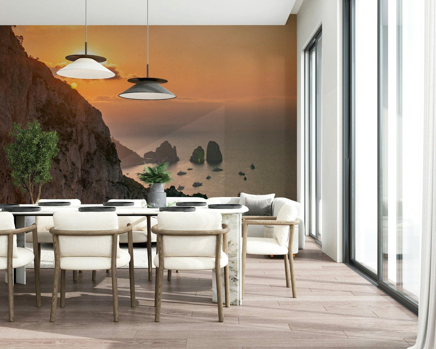 Dramatic coastal wall mural at golden hour
