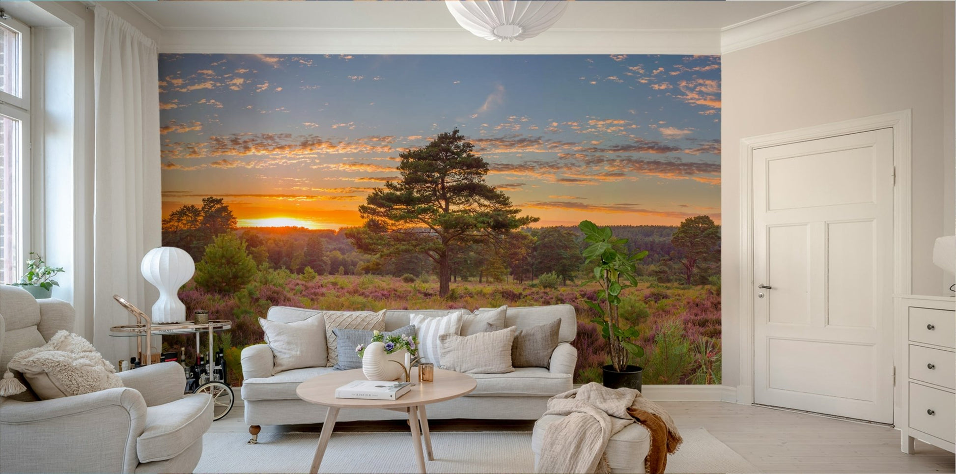 The image shows a full wall with a field of blooming heather under a gentle sunrise.

