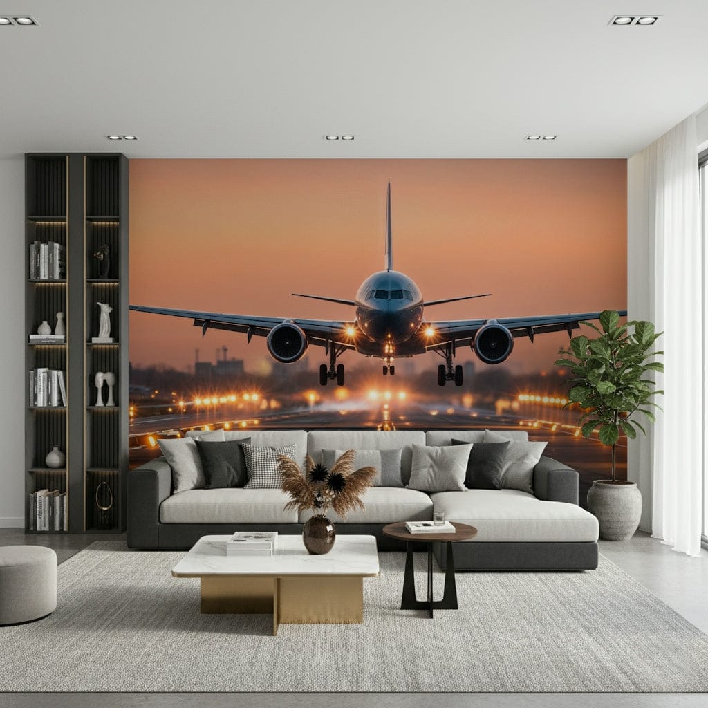 Home office wall decor with sunrise scene mural behind desk.