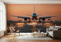 Bedroom feature wall with soft sunrise mural, neutral bedding, modern wall decor.