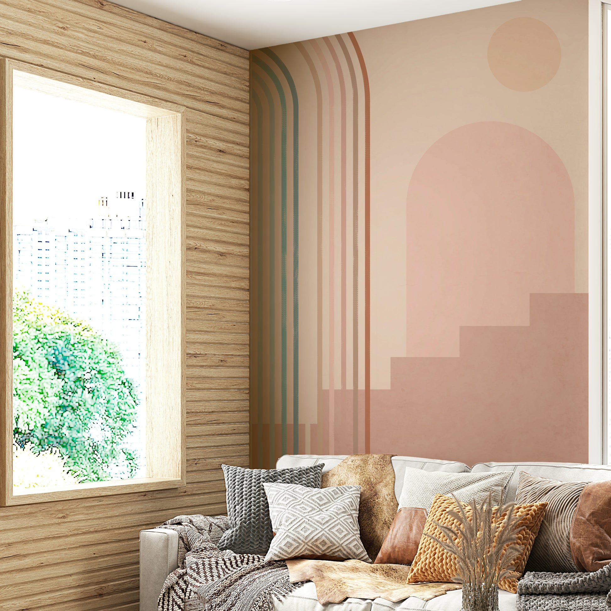Warm sunrise-inspired mural with subtle steps

