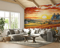 The mural shows a panoramic view of a field of sunflowers.

