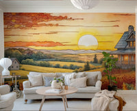 Wall mural of a sunflower field at sunrise.

