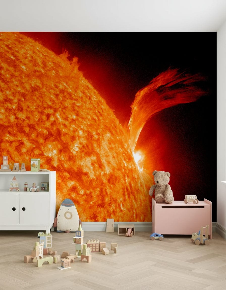 Modern living room with bold orange and crimson mural design